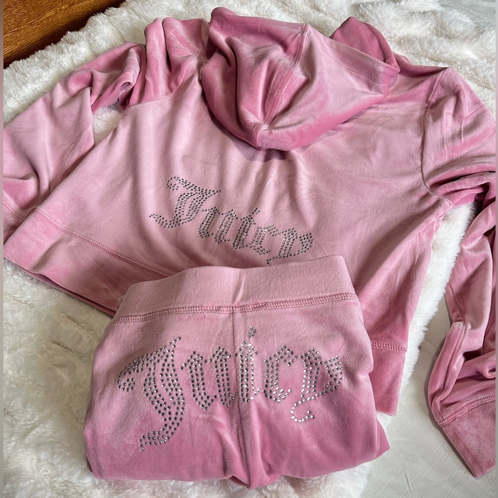 Juicy Couture Velour Rhinestone Tracksuit Y2K Pink Hoodie Jogger Set Large NWT